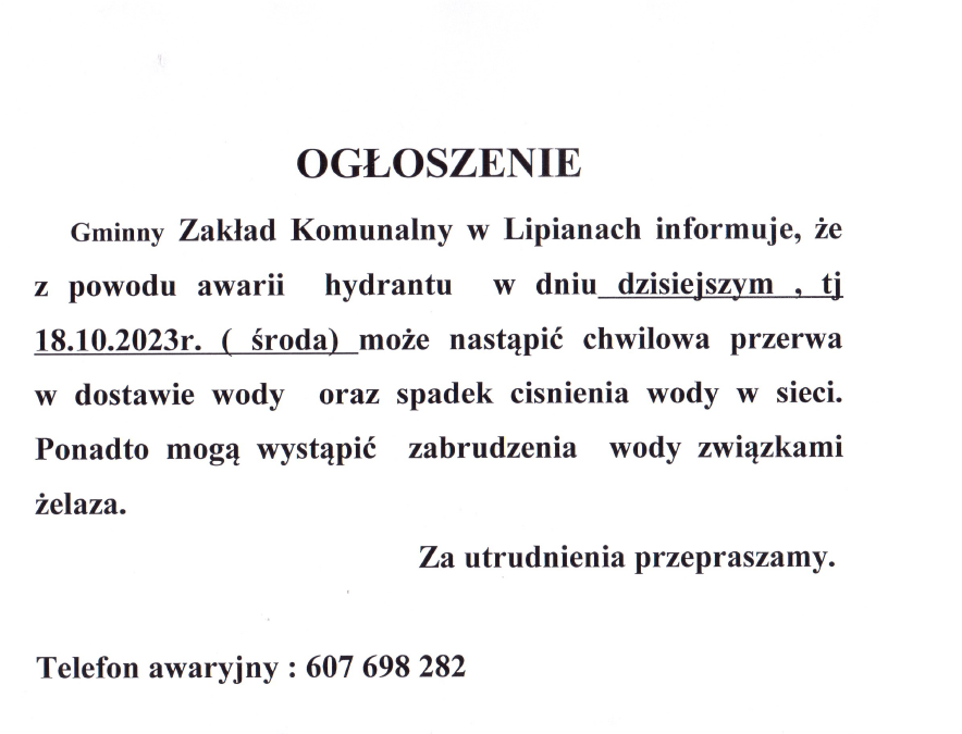 Ogłoszenie Gminnego Zakładu Komunalnego