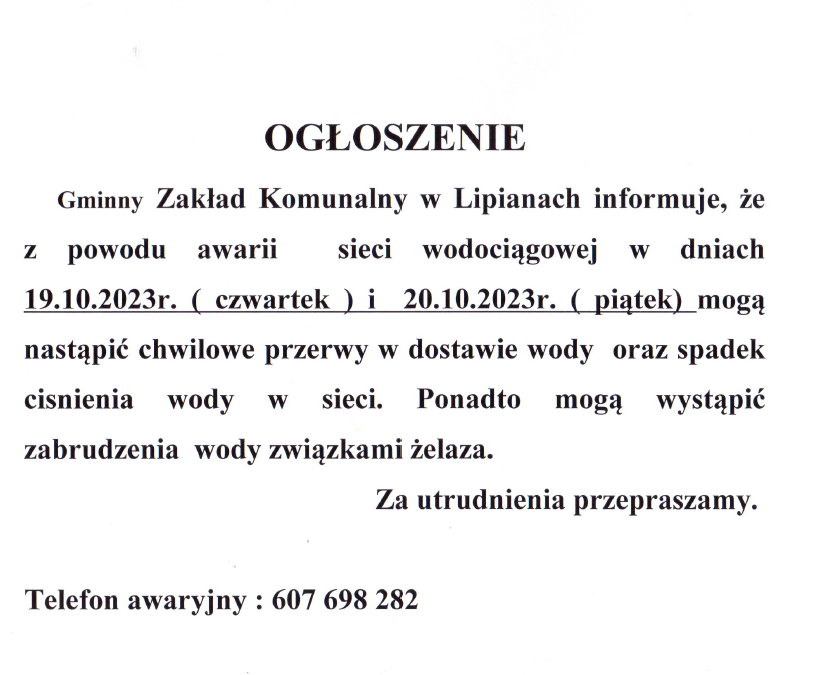 Ogłoszenie Gminnego Zakładu Komunalnego w Lipianach